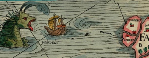 Illustration tirée d'une ancienne carte marine, où les zones inexplorées sont représentées infestées de monstres