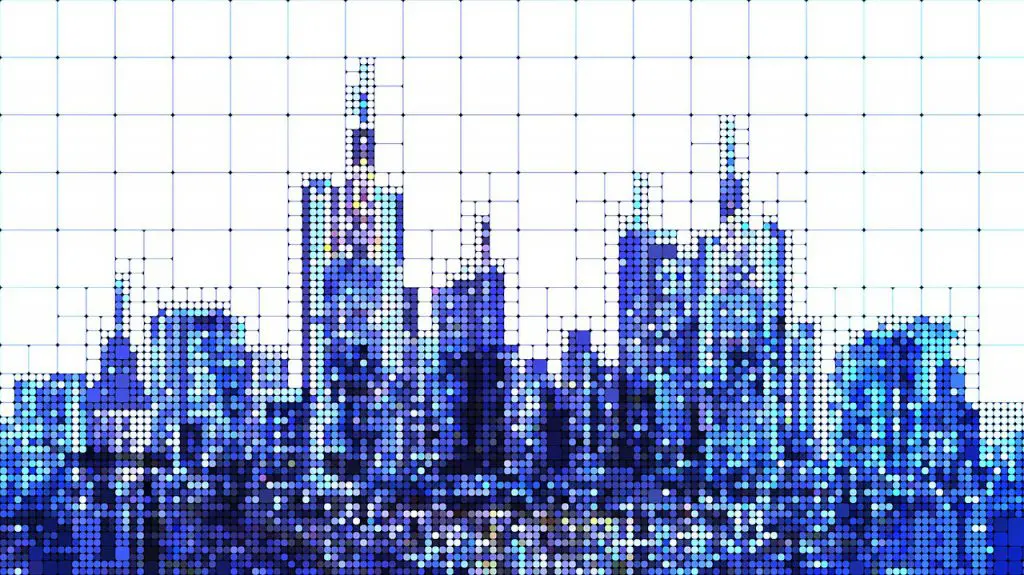 La silhouette d'une ville avec ses gratte-ciel en pixel art