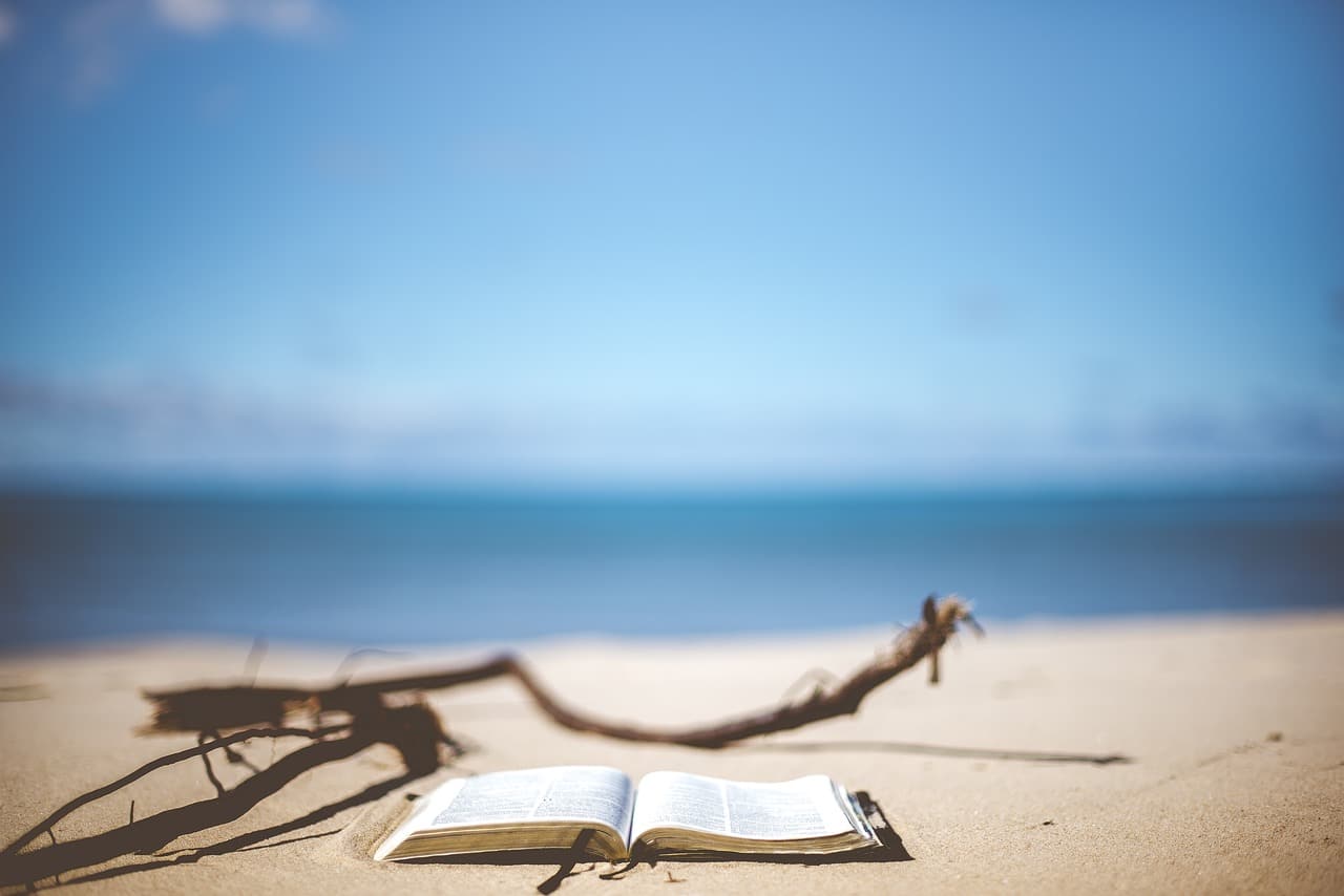 Au premier plan d'une plage floue, un livre ouvert, sur lequel est fait le point.