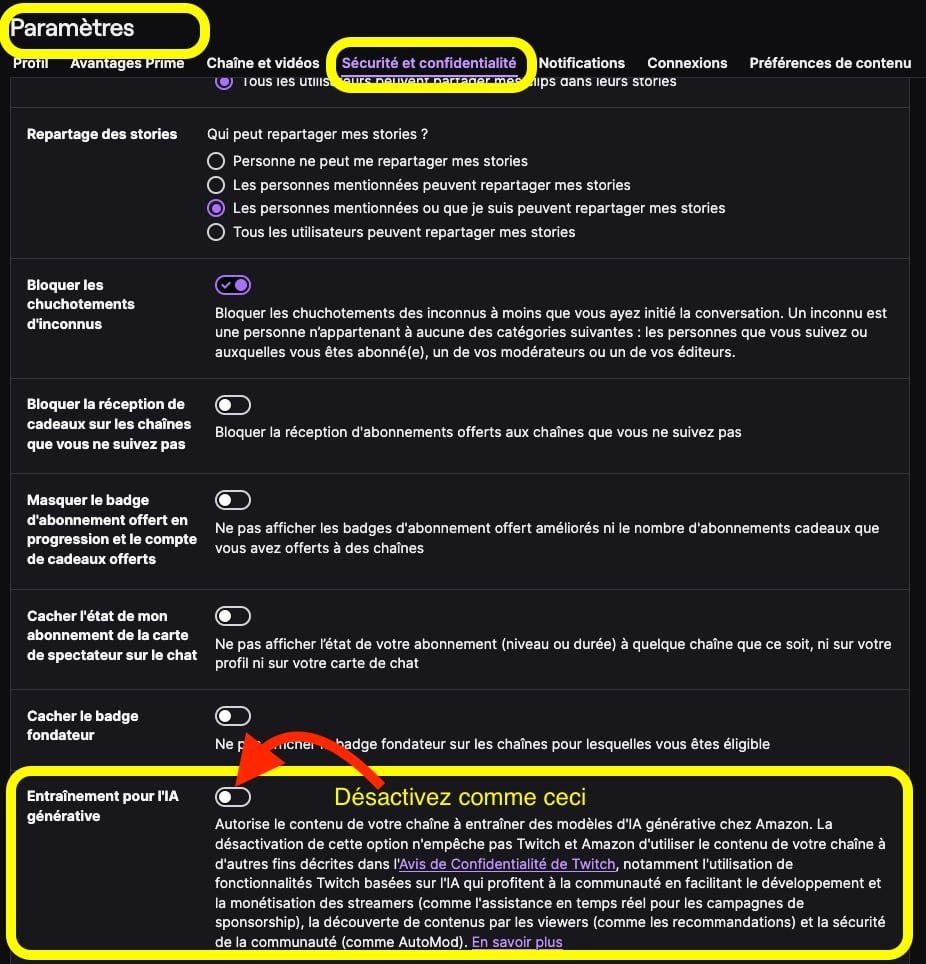 Comment désactiver l'entraînement pour l'IA générative sur votre compte Twitch : capture d'écran des paramètres utilisateur (se connecter, aller dans Paramètres, onglet "Sécurité et confidentialité", désactiver l'option "Entraînement de l'IA générative")